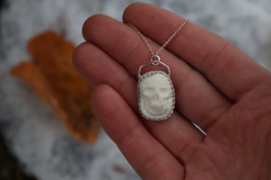 Gray Wolf Bone "Skull" Necklace - .925 Sterling Silver