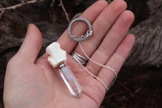 Gray Wolf Blood and Bone Quartz Pendulum with Ouroboros Ring