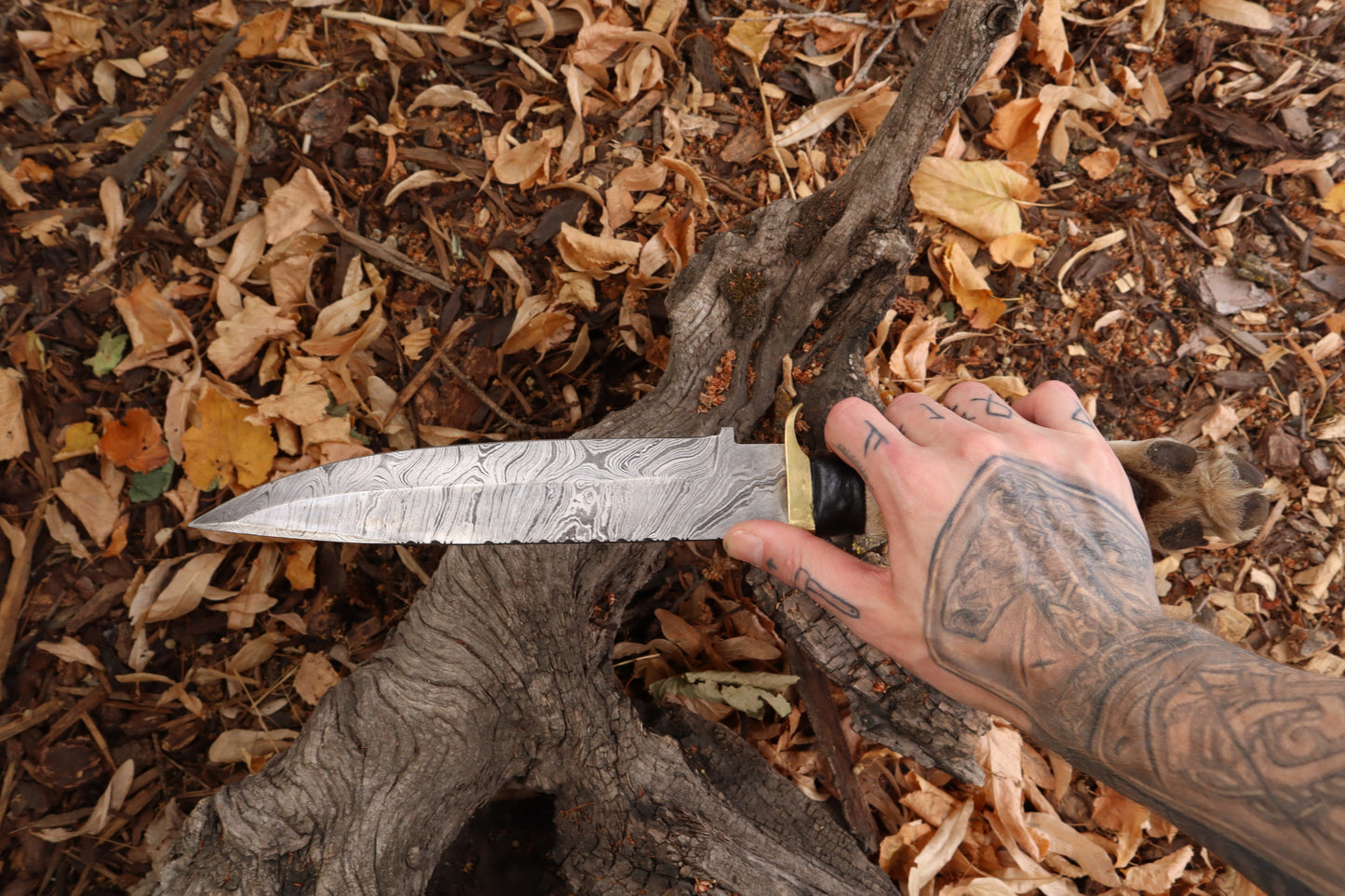 Reserved for Devyn - Damascus Gray Wolf Paw Knife with Flaming Sheath