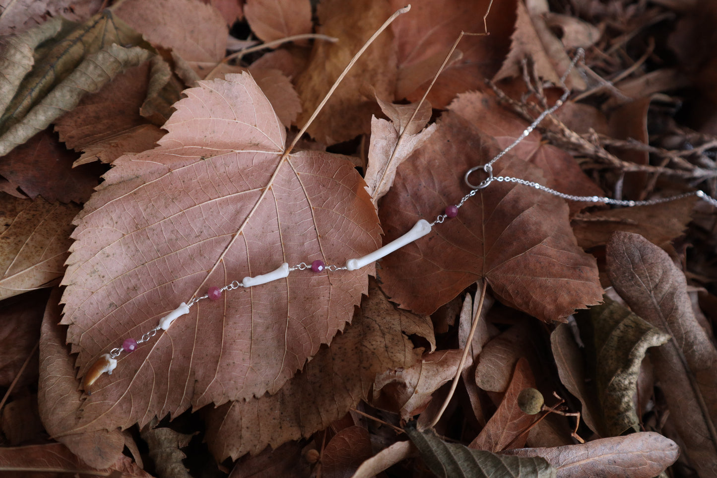 Raccoon Lariat Necklace with Pink Rhodochrosite Gemstones