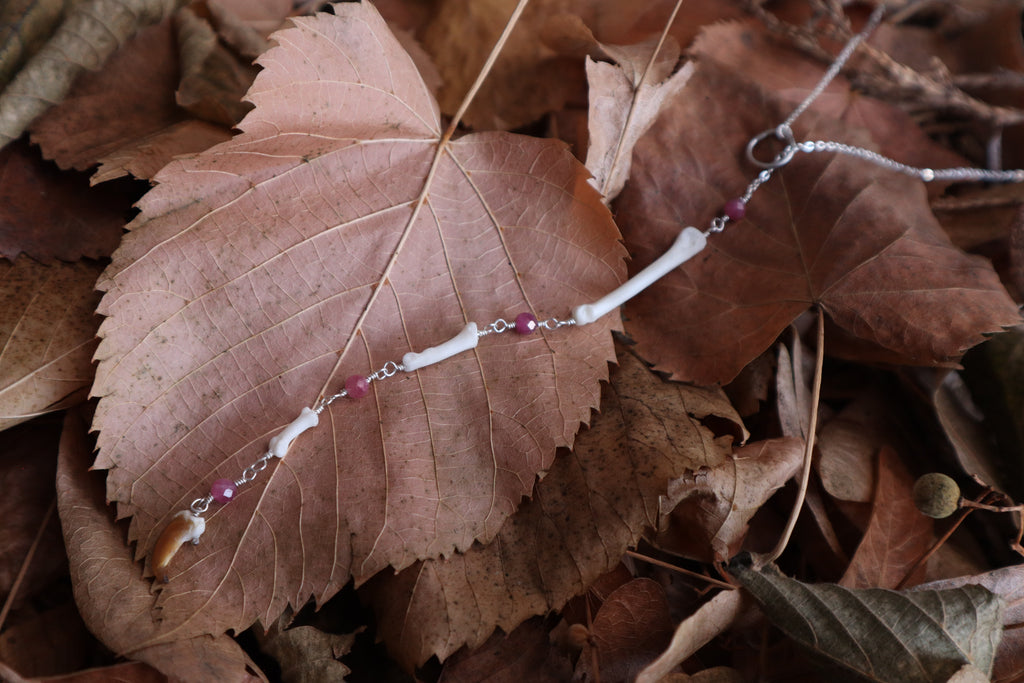 Raccoon Lariat Necklace with Pink Rhodochrosite Gemstones