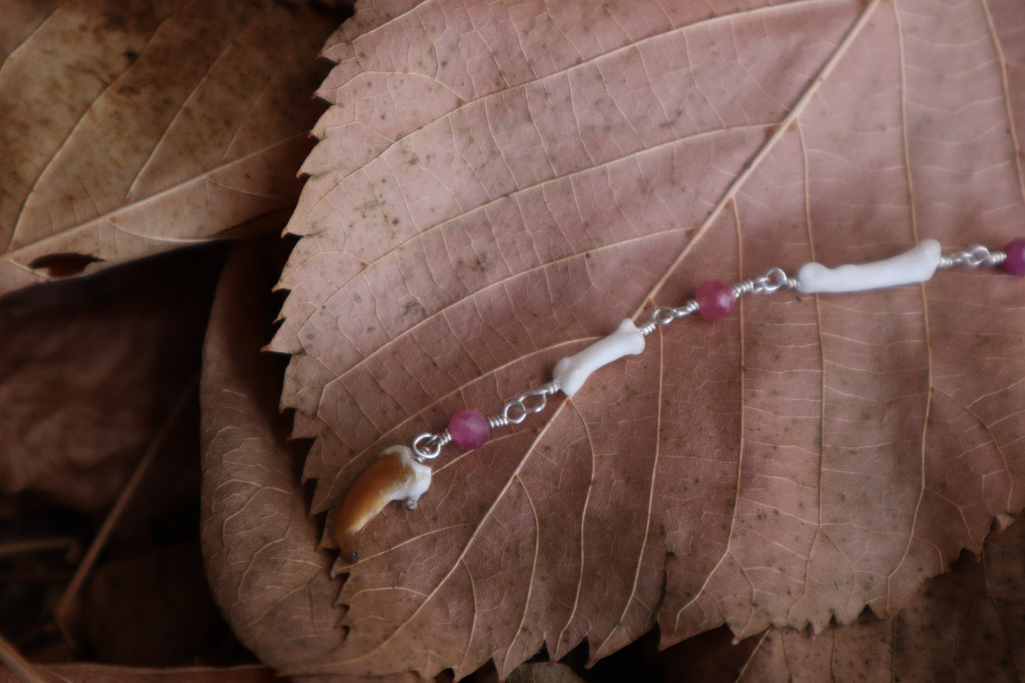 Raccoon Lariat Necklace with Pink Rhodochrosite Gemstones