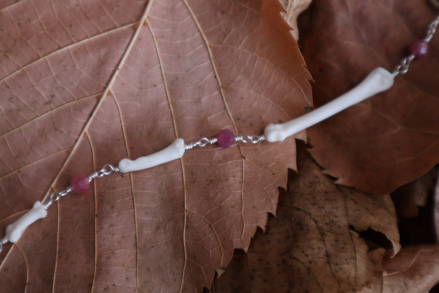 Raccoon Lariat Necklace with Pink Rhodochrosite Gemstones