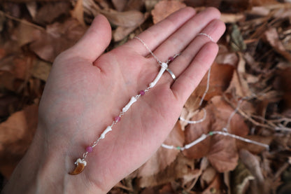 Raccoon Lariat Necklace with Pink Rhodochrosite Gemstones