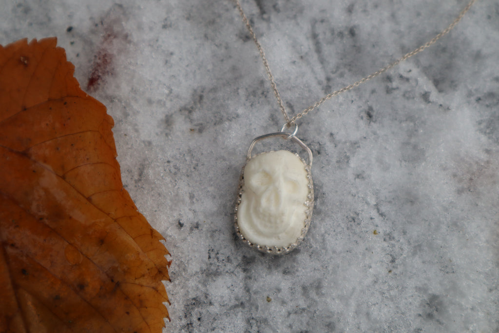 Gray Wolf Bone "Skull" Necklace - .925 Sterling Silver