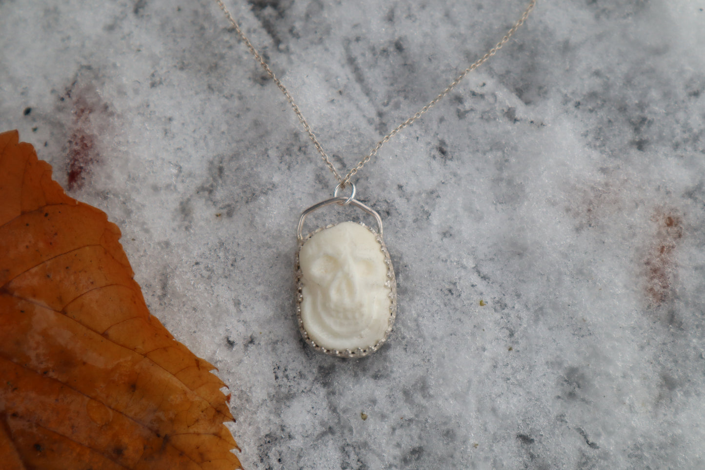 Gray Wolf Bone "Skull" Necklace - .925 Sterling Silver