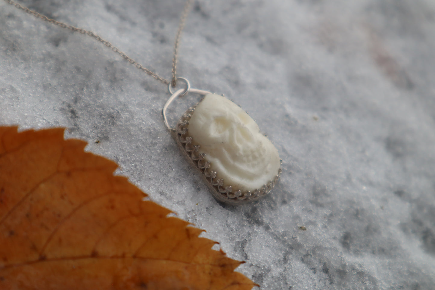Gray Wolf Bone "Skull" Necklace - .925 Sterling Silver