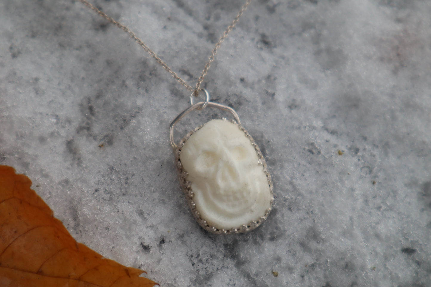 Gray Wolf Bone "Skull" Necklace - .925 Sterling Silver