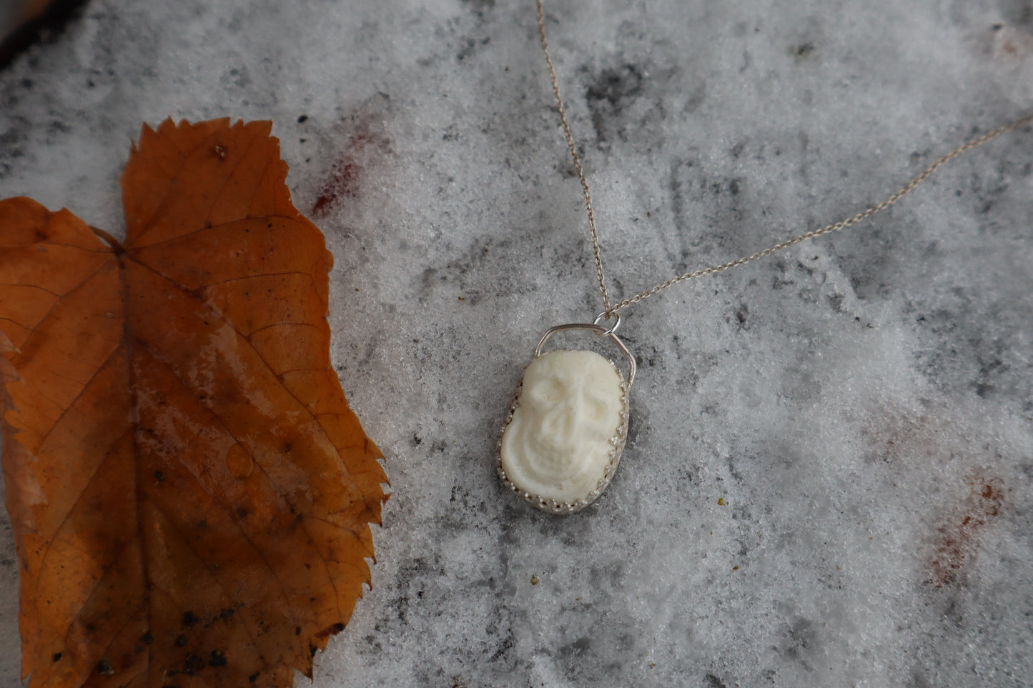 Gray Wolf Bone "Skull" Necklace - .925 Sterling Silver