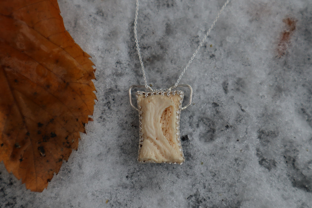 Gray Wolf Bone "Hooded Figure" Necklace - .925 Sterling Silver