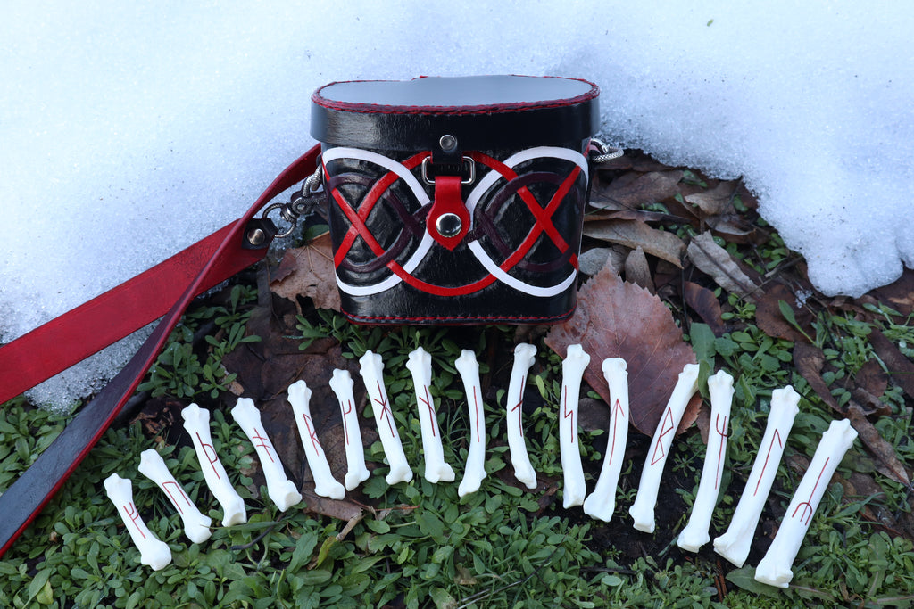 Mountain Lion Bone Younger Futhark Rune Set with Leather Case