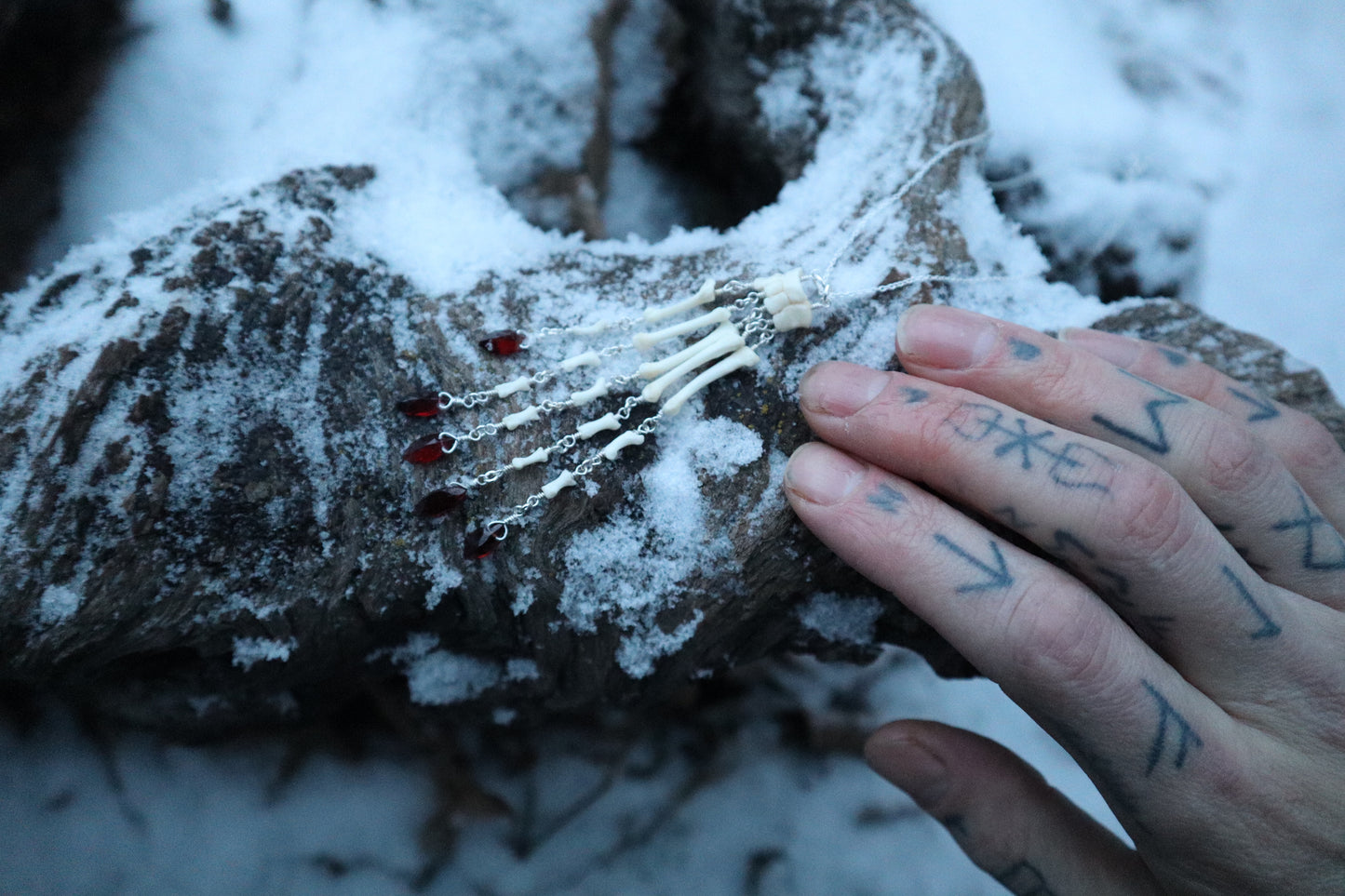 Reserved for Ann-Marie Beach - Fluid Striped Skunk Paw Articulation Necklace with Garnet “Claws”