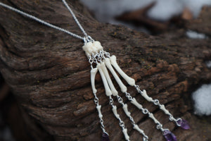 Fluid Striped Skunk Paw Articulation Necklace with Amethyst “Claws”