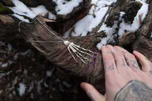 Fluid Striped Skunk Paw Articulation Necklace with Amethyst “Claws”