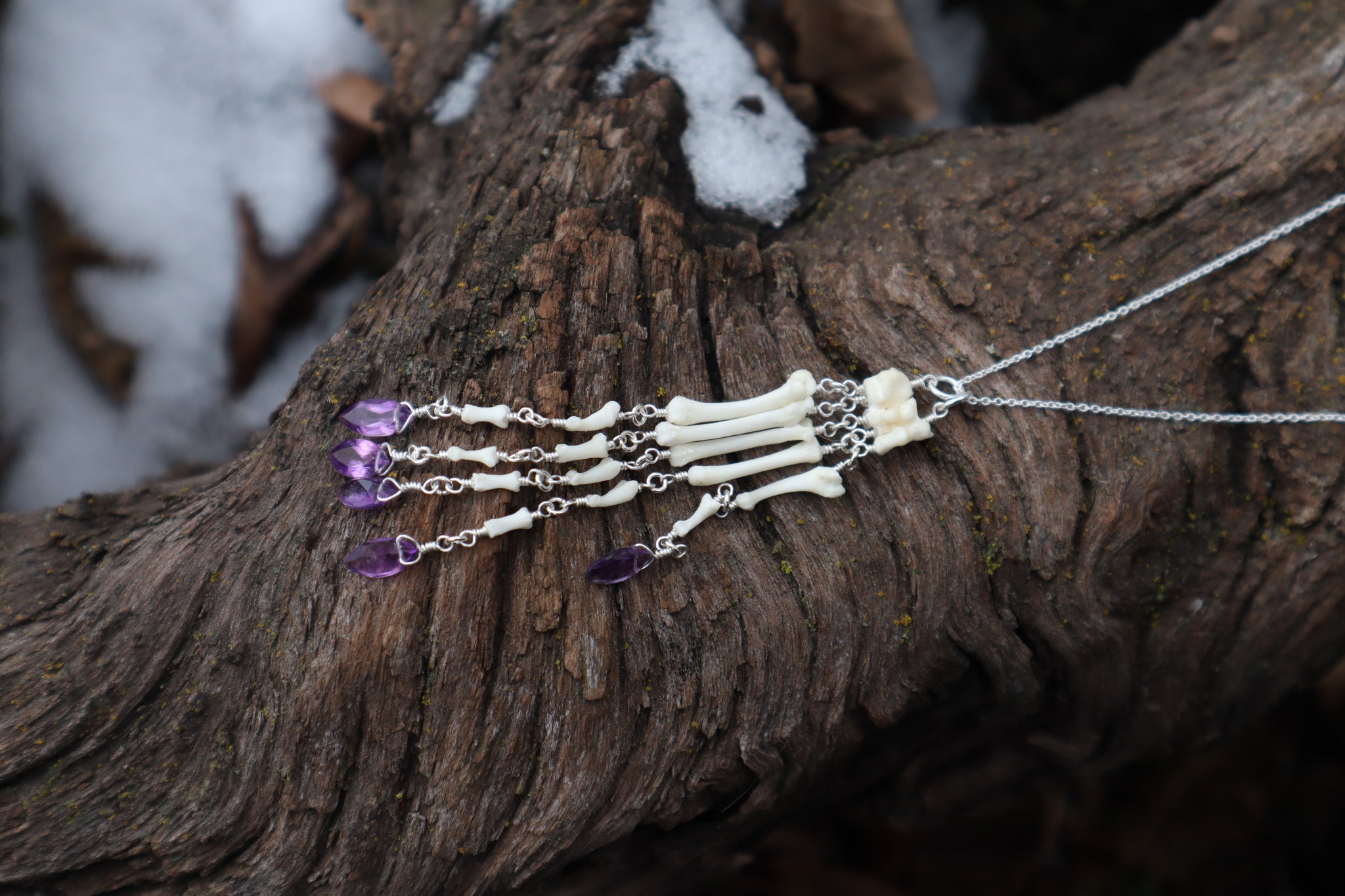 Fluid Striped Skunk Paw Articulation Necklace with Amethyst “Claws”