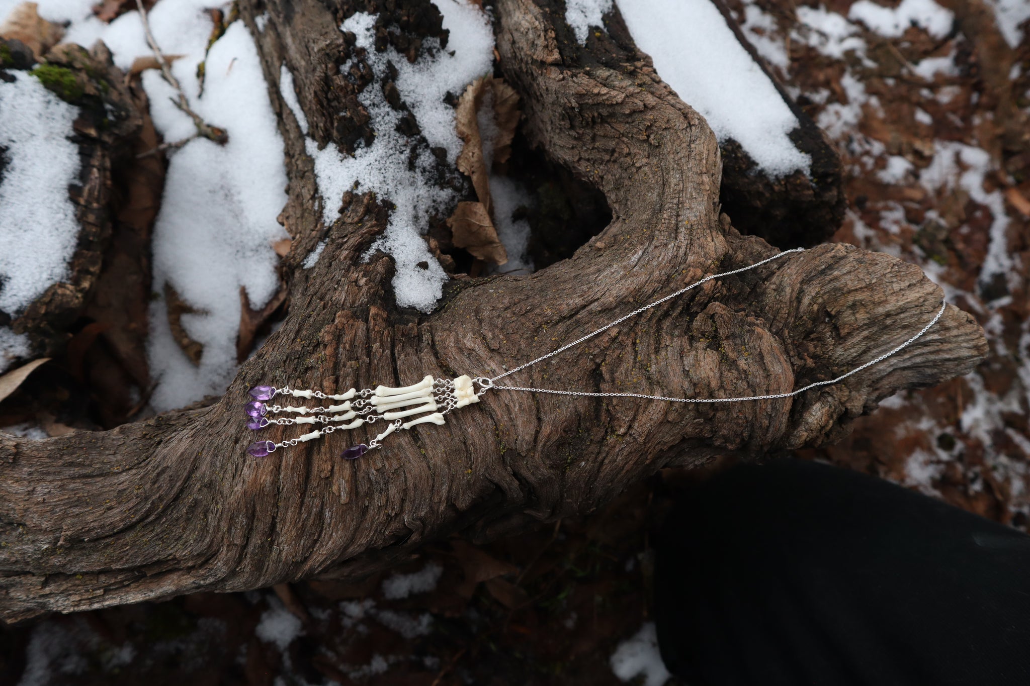 Fluid Striped Skunk Paw Articulation Necklace with Amethyst “Claws”