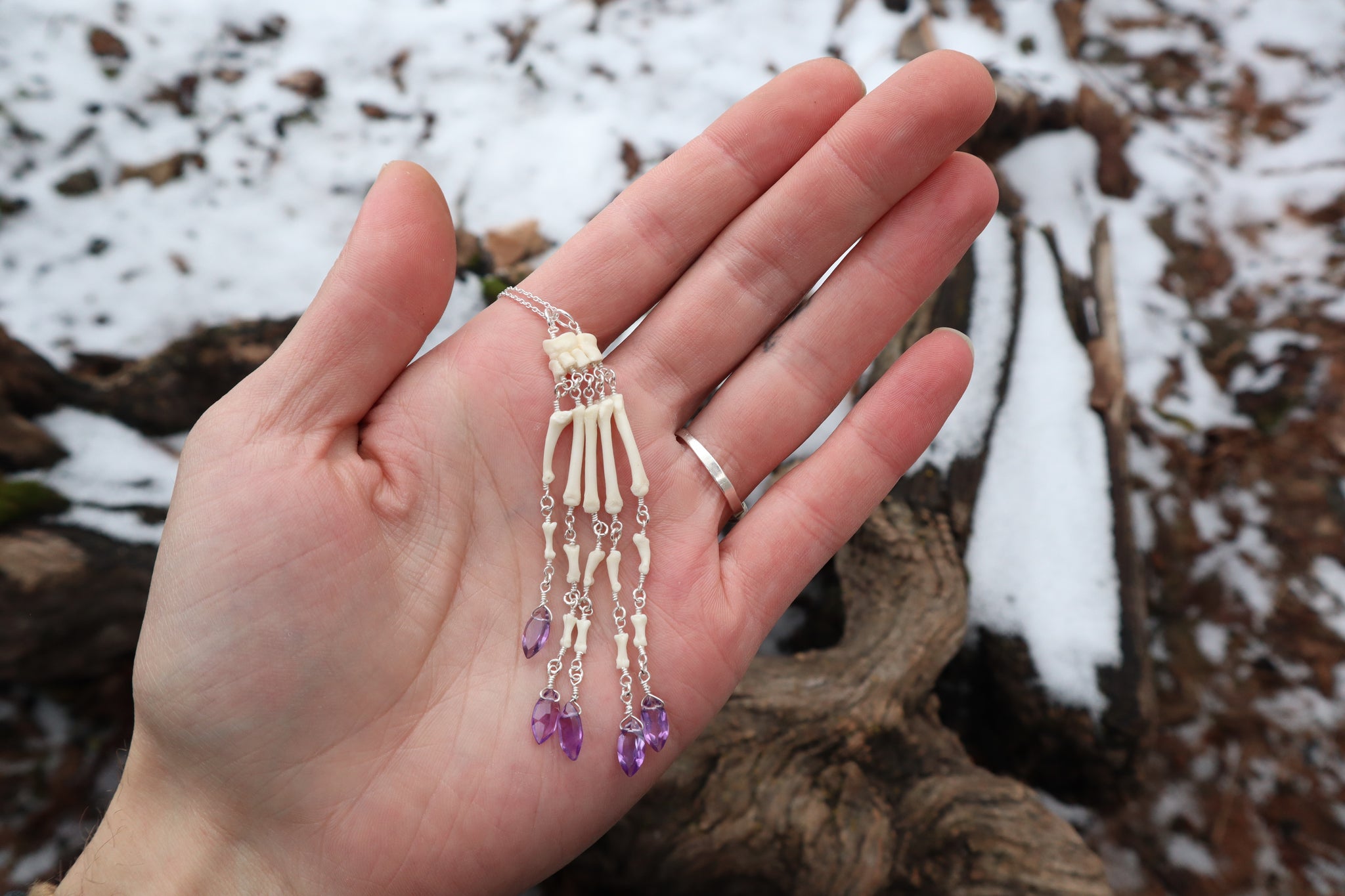 Fluid Striped Skunk Paw Articulation Necklace with Amethyst “Claws”