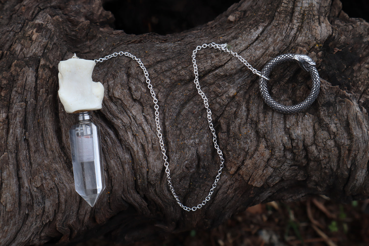 Gray Wolf Blood and Bone Quartz Pendulum with Ouroboros Ring