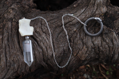 Gray Wolf Blood and Bone Quartz Pendulum with Ouroboros Ring