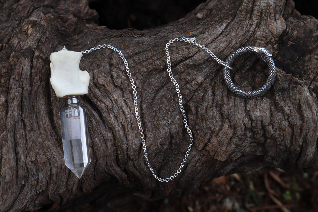 Gray Wolf Blood and Bone Quartz Pendulum with Ouroboros Ring