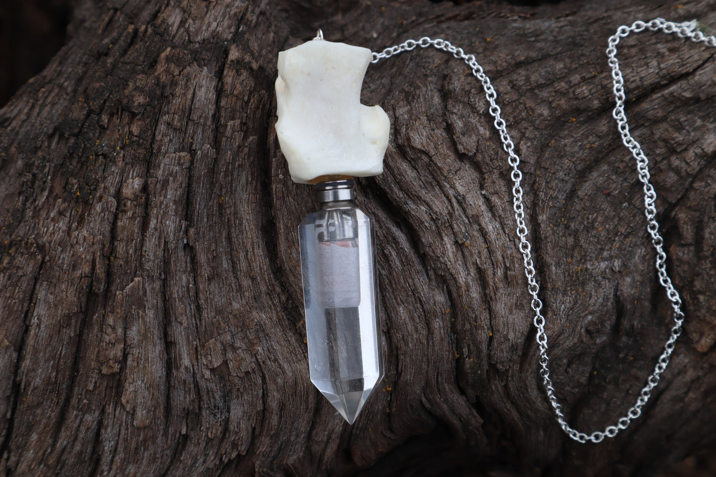 Gray Wolf Blood and Bone Quartz Pendulum with Ouroboros Ring