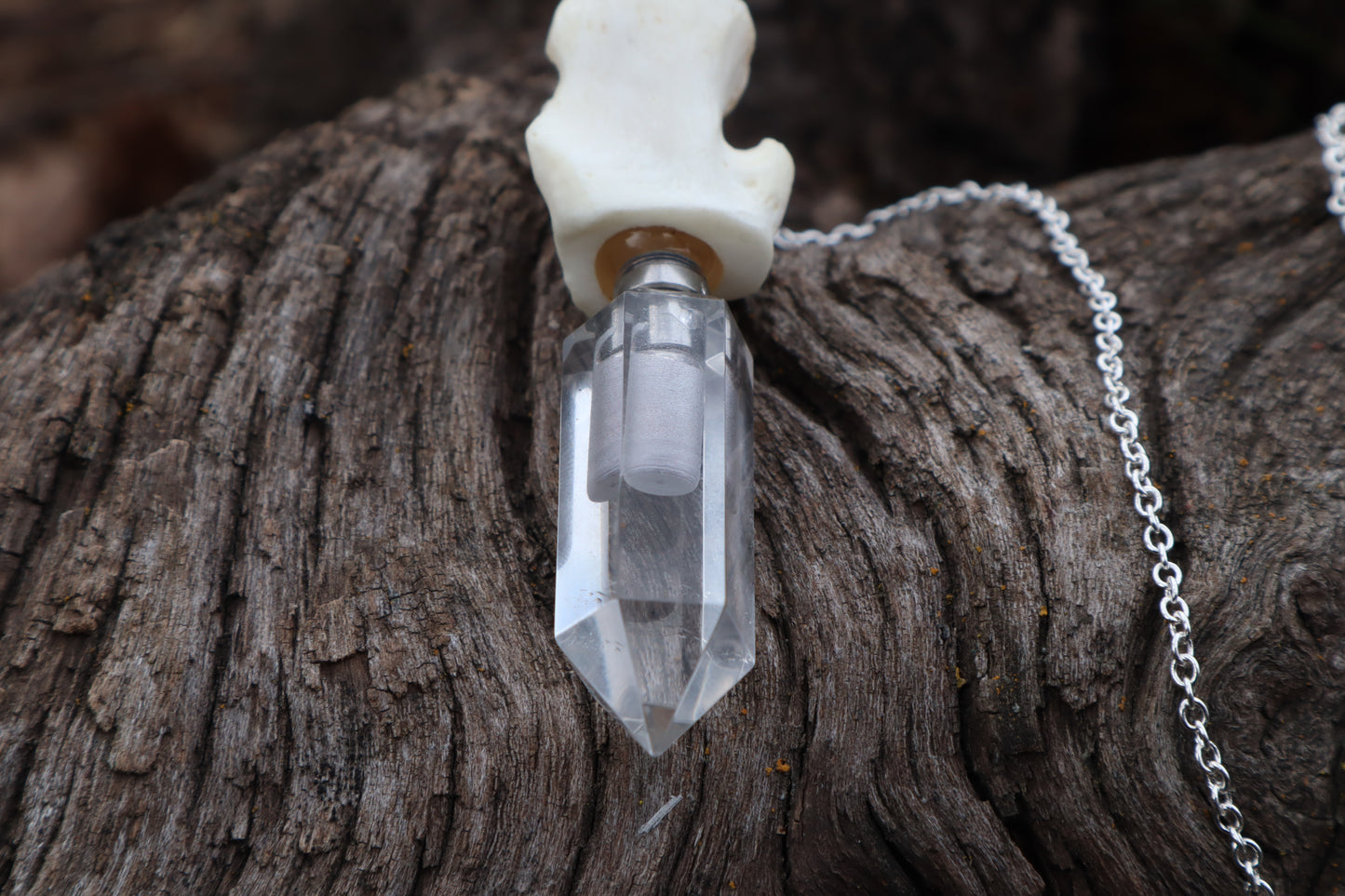 Gray Wolf Blood and Bone Quartz Pendulum with Ouroboros Ring