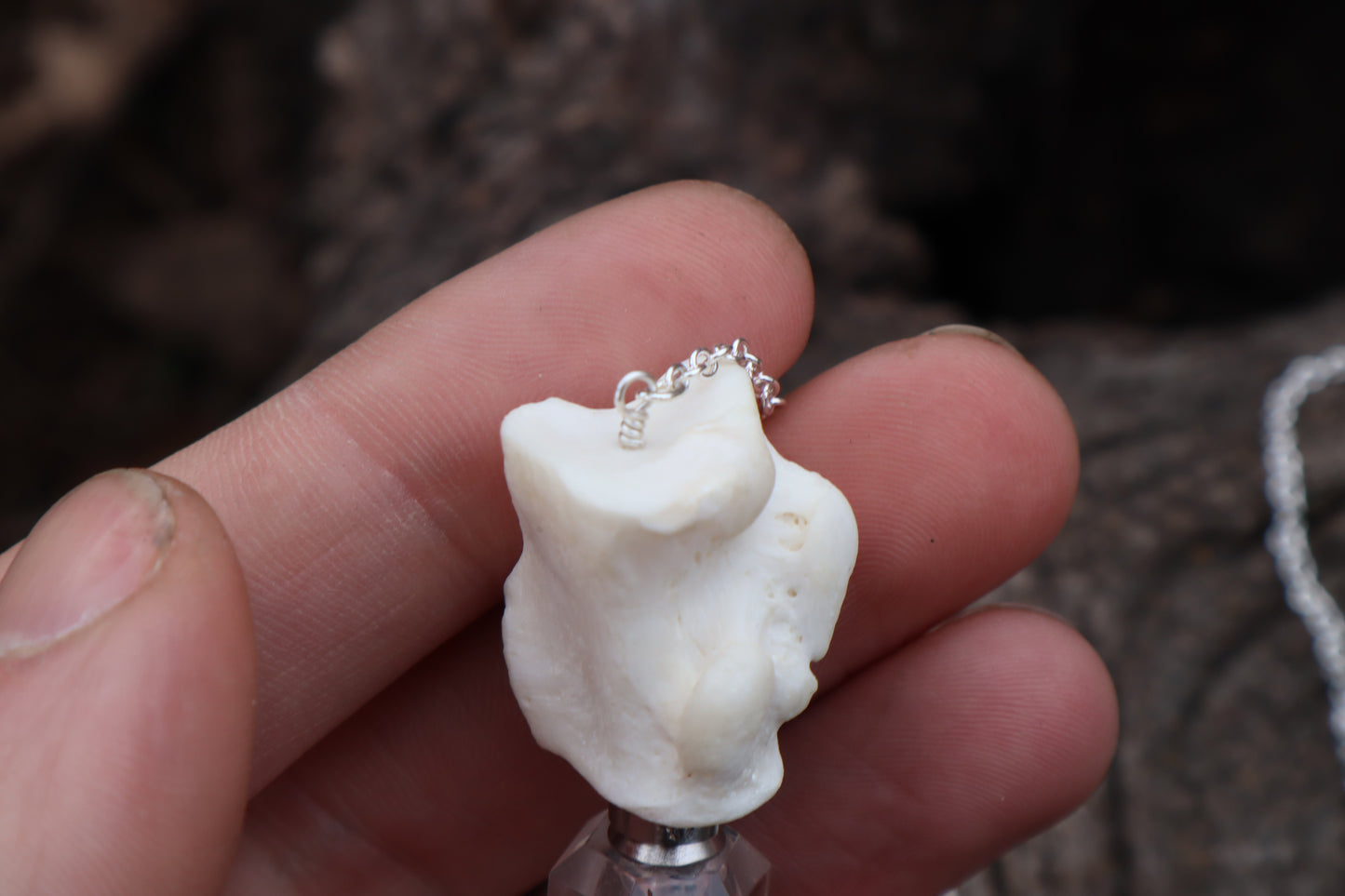 Gray Wolf Blood and Bone Quartz Pendulum with Ouroboros Ring