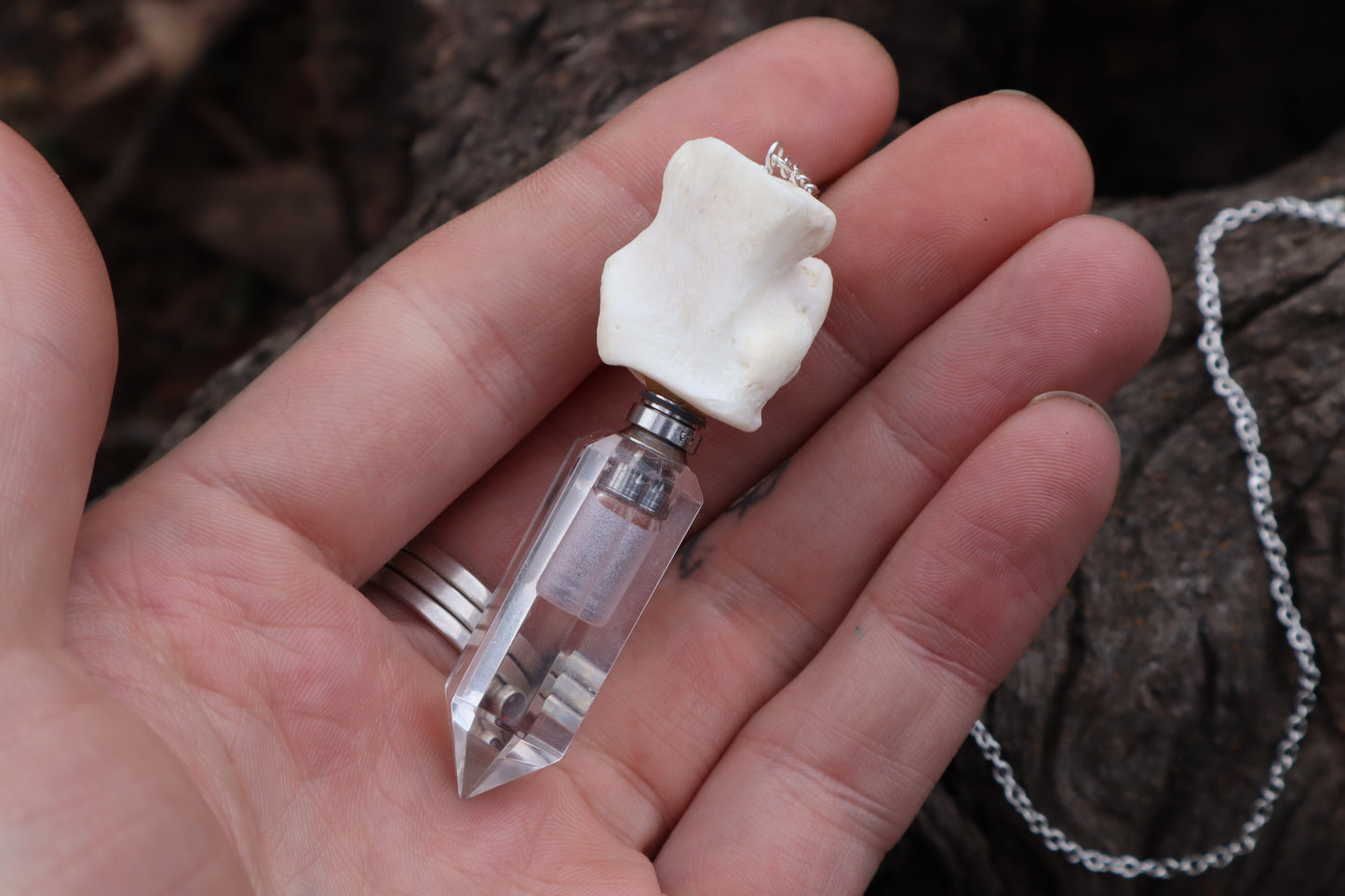 Gray Wolf Blood and Bone Quartz Pendulum with Ouroboros Ring