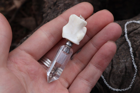 Gray Wolf Blood and Bone Quartz Pendulum with Ouroboros Ring