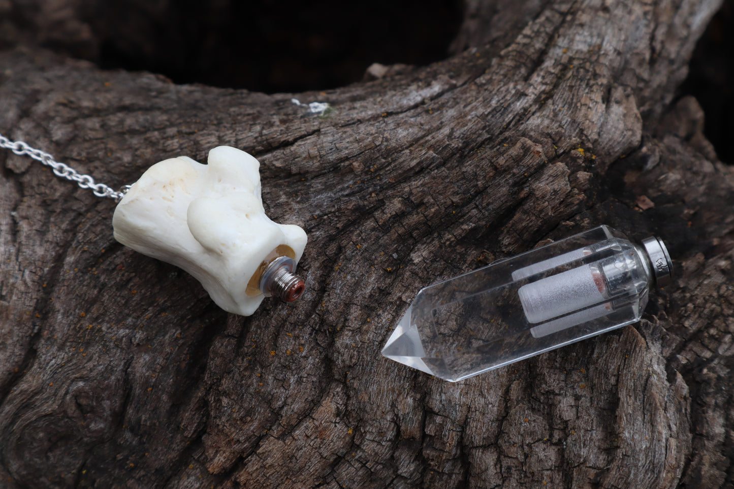 Gray Wolf Blood and Bone Quartz Pendulum with Ouroboros Ring