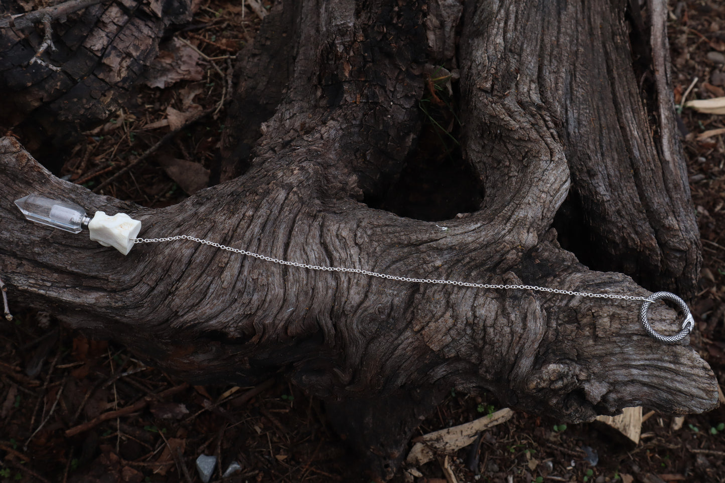 Gray Wolf Blood and Bone Quartz Pendulum with Ouroboros Ring