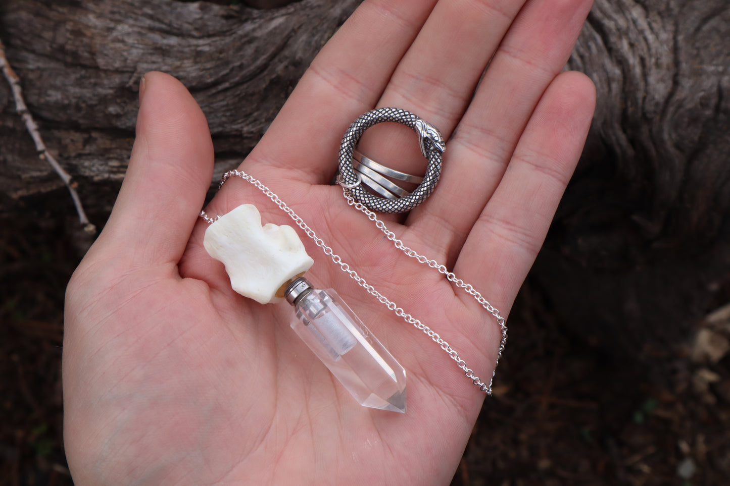 Gray Wolf Blood and Bone Quartz Pendulum with Ouroboros Ring