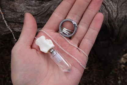 Gray Wolf Blood and Bone Quartz Pendulum with Ouroboros Ring