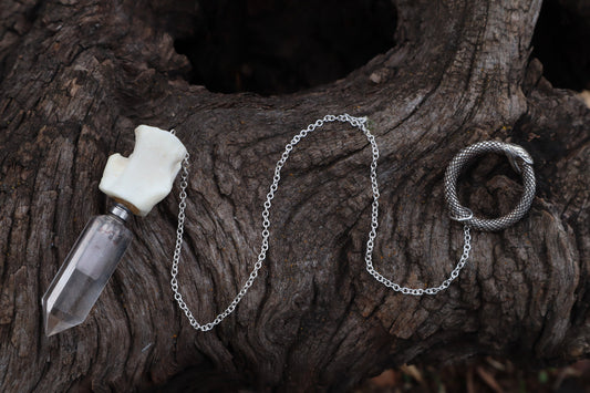 Gray Wolf Blood and Bone Quartz Pendulum with Ouroboros Ring