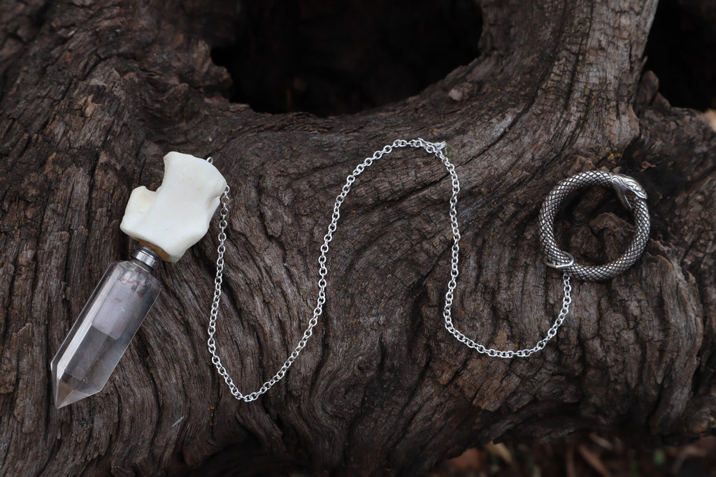 Gray Wolf Blood and Bone Quartz Pendulum with Ouroboros Ring