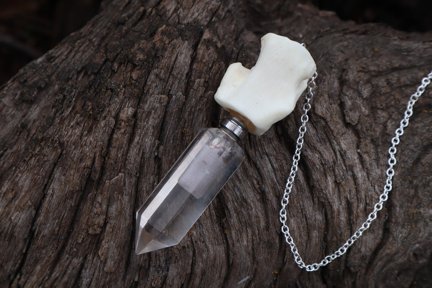 Gray Wolf Blood and Bone Quartz Pendulum with Ouroboros Ring
