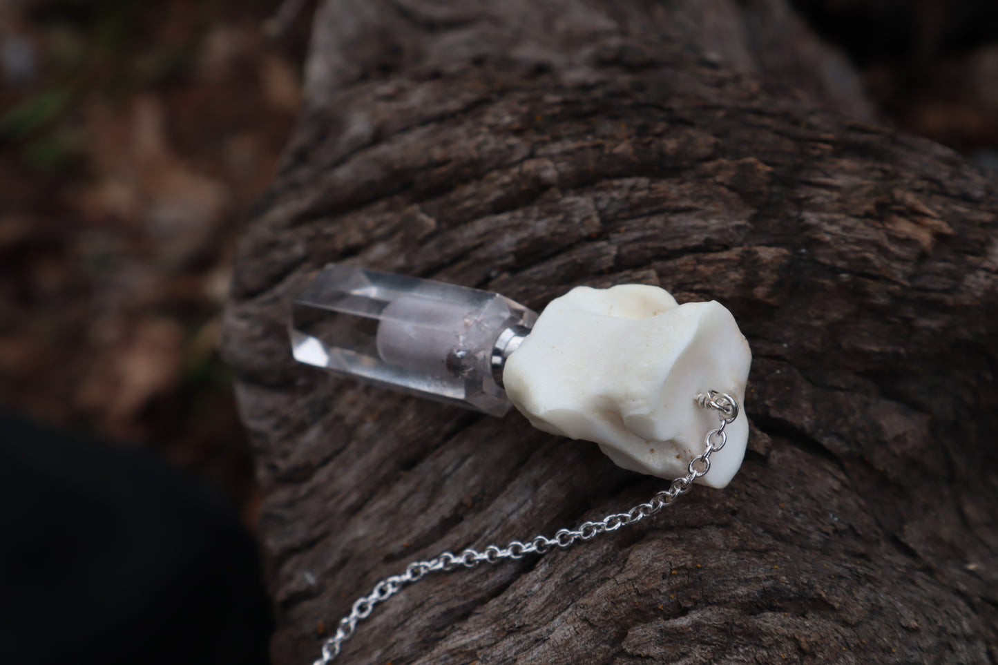 Gray Wolf Blood and Bone Quartz Pendulum with Ouroboros Ring