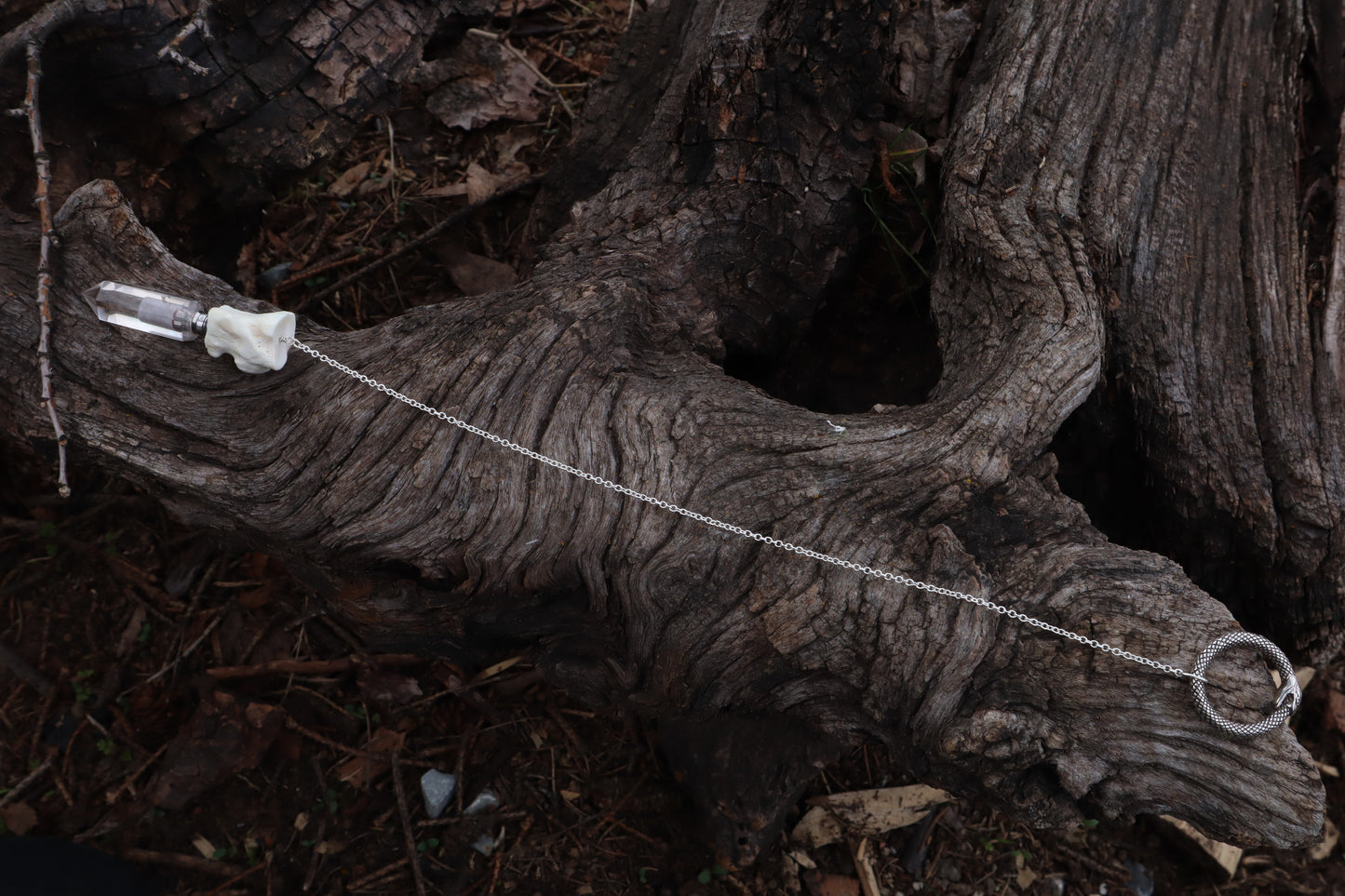 Gray Wolf Blood and Bone Quartz Pendulum with Ouroboros Ring