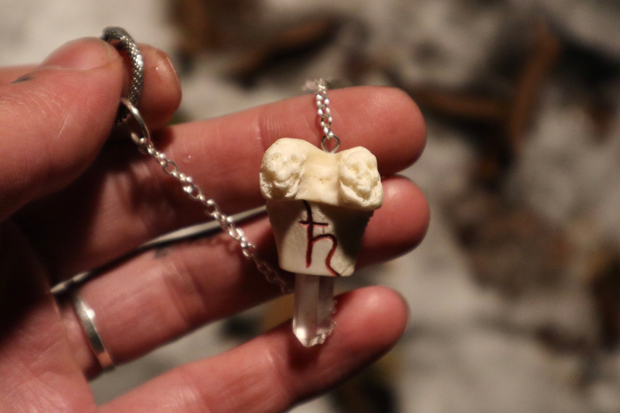 Raccoon Femur Pendulum with Ouroboros Ring