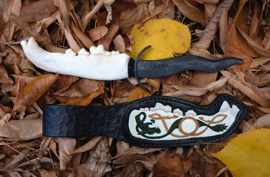 Black Iron Gray Wolf Mandible Knife with Celtic Gray Wolf Mandible Sheath