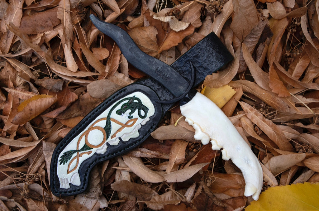 Black Iron Gray Wolf Mandible Knife with Celtic Gray Wolf Mandible Sheath