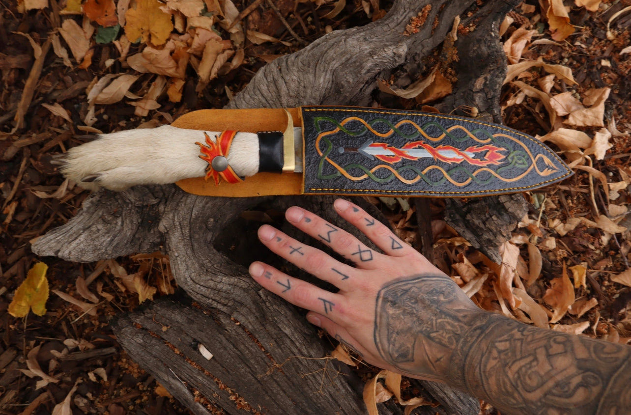 Reserved for Devyn - Damascus Gray Wolf Paw Knife with Flaming Sheath