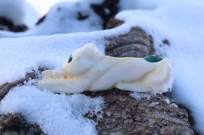 Reserved for Amanda - Mountain Lion Bone Carving with an Emerald and Peridot Eyes