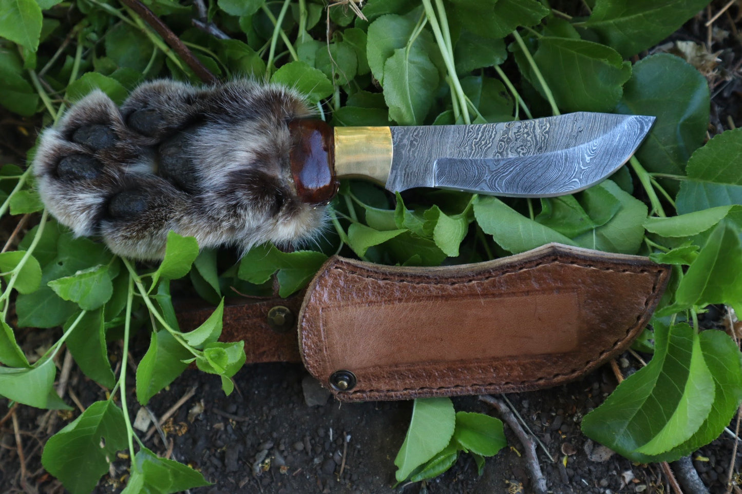 Reserved for Ryan Conner - Custom Damascus Bobcat Paw Knife with Leather Sheath