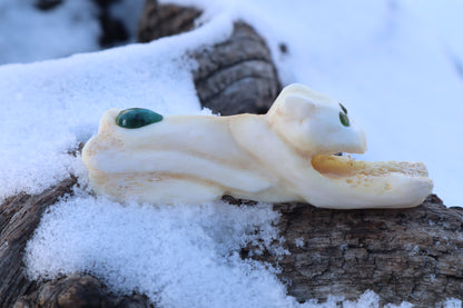 Reserved for Amanda - Mountain Lion Bone Carving with an Emerald and Peridot Eyes