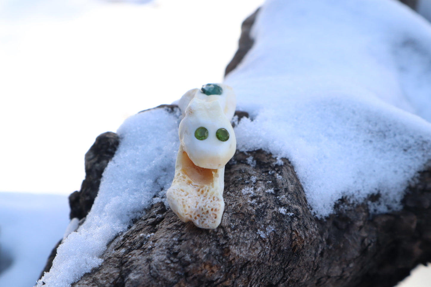 Reserved for Amanda - Mountain Lion Bone Carving with an Emerald and Peridot Eyes