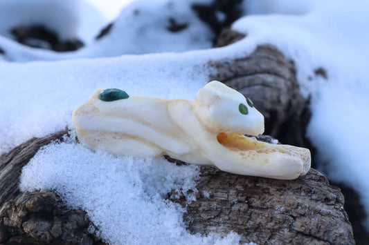 Reserved for Amanda - Mountain Lion Bone Carving with an Emerald and Peridot Eyes