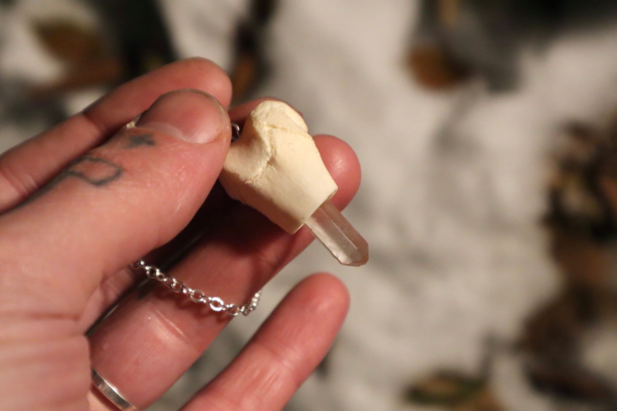 Raccoon Femur Pendulum with Ouroboros Ring